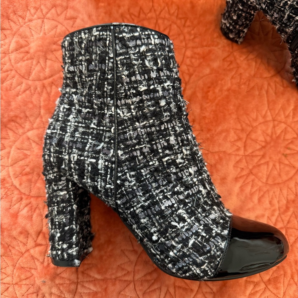 Black Tweed Boots with Patent Toe